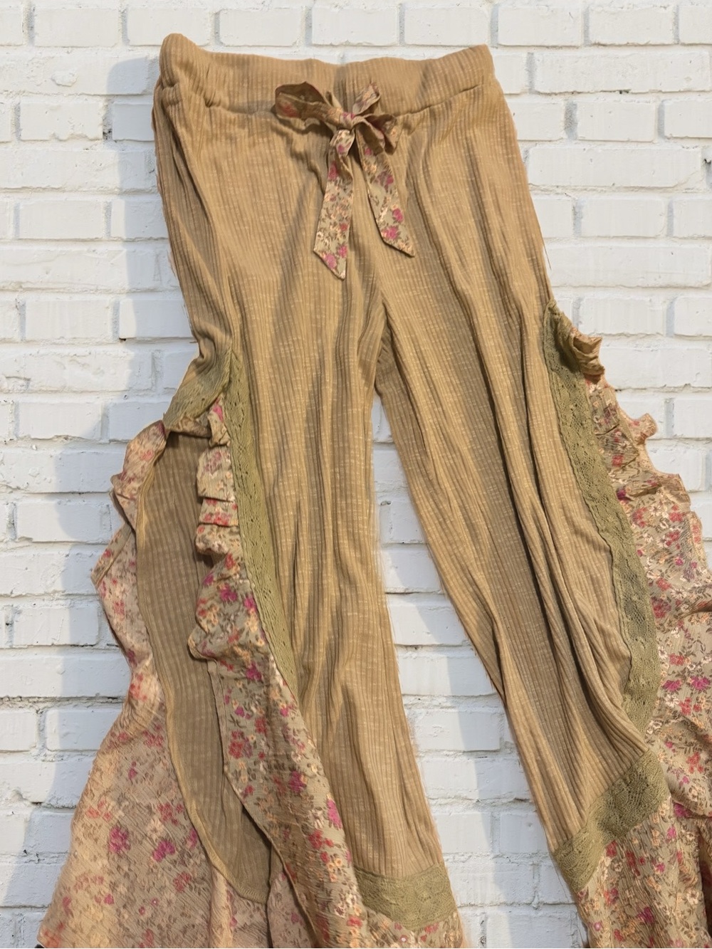 Boho Olive Green Whimsical Floral Flowy Ruffle Wide-Leg Pants with Side Slit